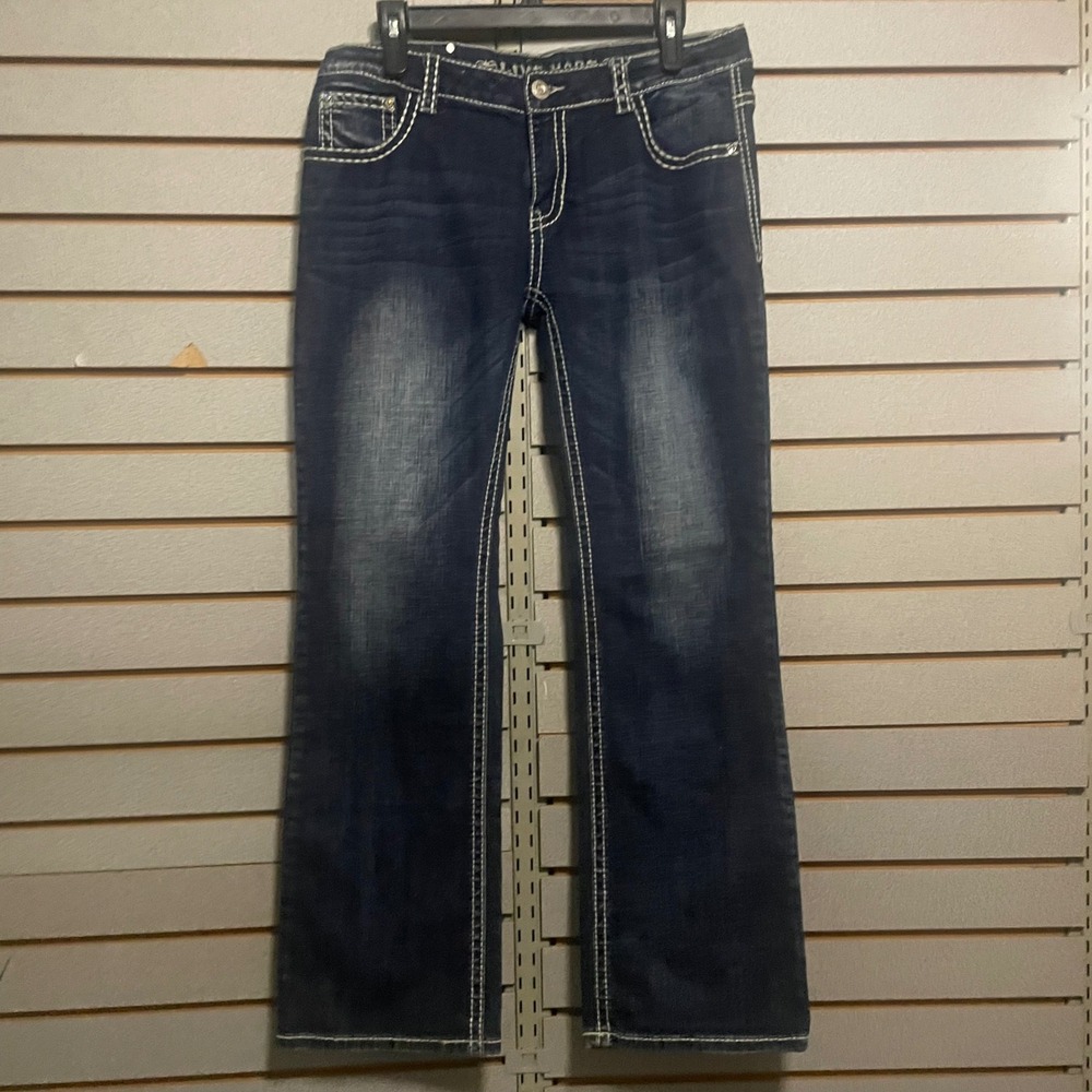 Live‎ Hard Women Dark Wash Bootcut Jeans Contrast Stitch Flap Pocket HZ-5118 32